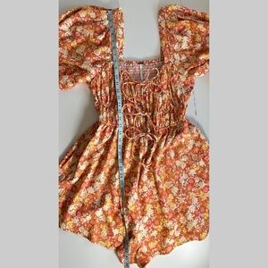 Free People Floral Smocked Shorts Romper Show Me Love Linen Blend Pockets M
